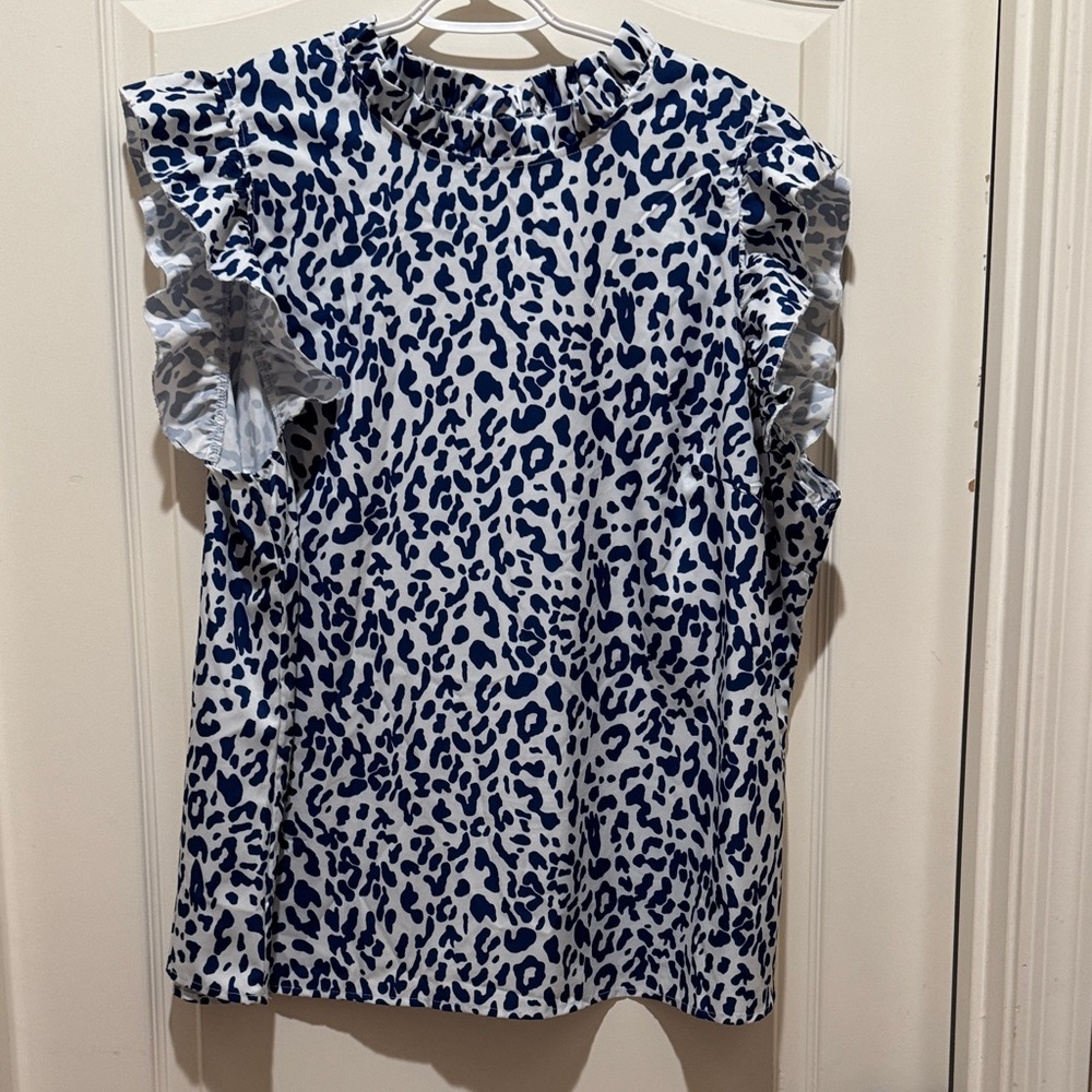 SHEIN Blue and White Leopard Print Blouse